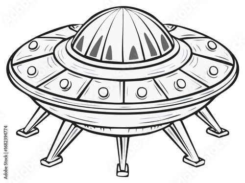 Retro Cartoon Drawing of a Classic Flying Saucer Spaceship with Dome