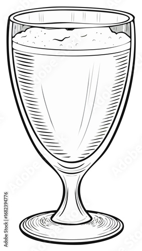 Hand-drawn illustration of a frothy beverage in a stemmed glass, featuring a classic art style.