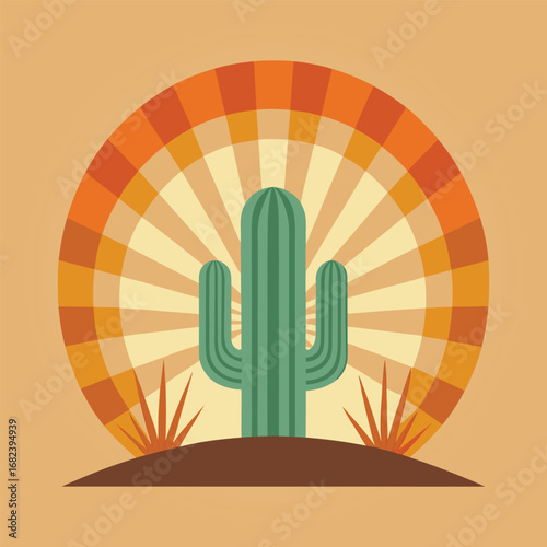 Desert cactus inside concentric sunburst arcs