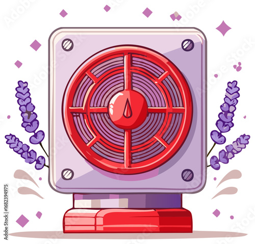 Retro fan with lavender illustration and sparkly elements clean simple design