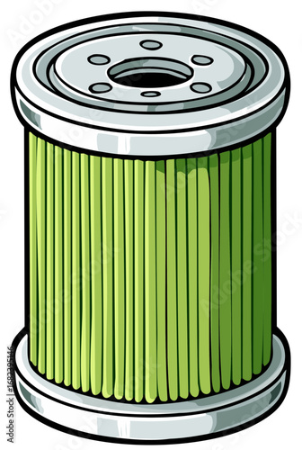 Stylized illustration of a green oil filter with silver metal ends and a central opening