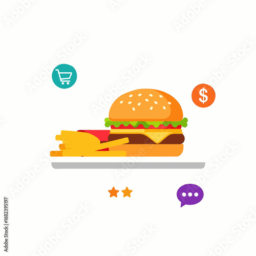 Burger and fries combo on tray  Minimal Flat Vector Illustration for restaurant, menu, food delivery, templates, and brandless design
