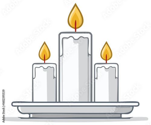 Cartoon illustration of three burning white candles with melting wax on a holder