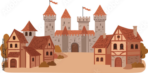 Vector Illustration of Castle with Village Houses