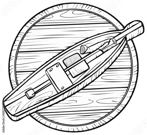 Wood carving of a traditional viking longboat interior with oars and rowing equipment