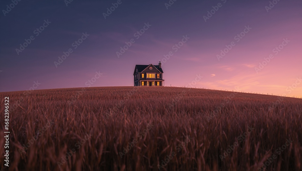 Fototapeta premium Cozy house with light in wheat field landscape