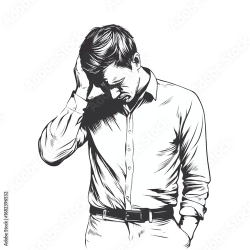 line art depressed businessman holding head in hand illustration vector hand drawn isolated on white background , vector style simple color