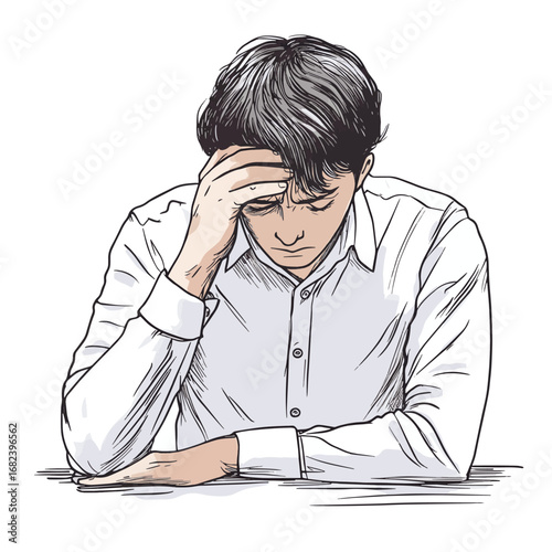 line art depressed businessman holding head in hand illustration vector hand drawn isolated on white background , vector style simple color