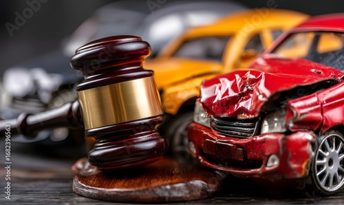 Gavel and damaged toy cars representing legal action after a car accident or traffic violation case