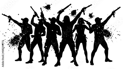 Silhouette of a group of rebels with guns and ink splatters