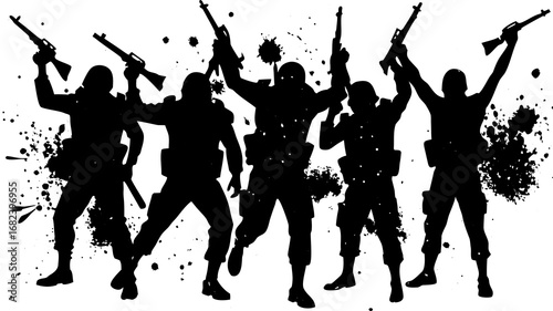 Silhouette of victorious soldiers raising their rifles in celebration