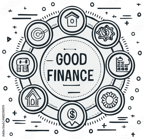 Good Finance Concept Circle Diagram with Hand-Drawn Icons Representing Financial Planning, Savings, and Investment Growth