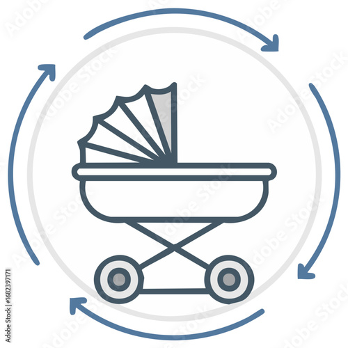 Baby Carriage Round Trip Illustrated with Circular Arrows Conveying Travel and Journey Concept in a Clean Design