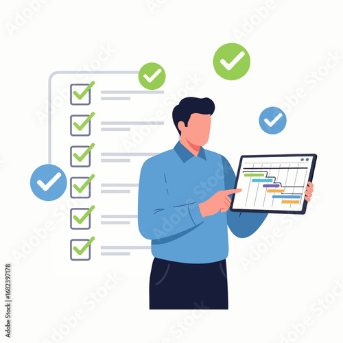 Project manager checking gantt chart on tablet  Minimal Flat Vector Illustration for business, teamwork, project management, templates, and brandless design