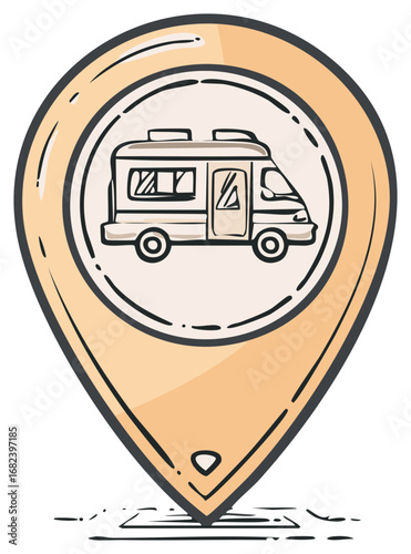 Location Pin Icon With Campervan. Mobile Navigation Sign With Travel Trailer