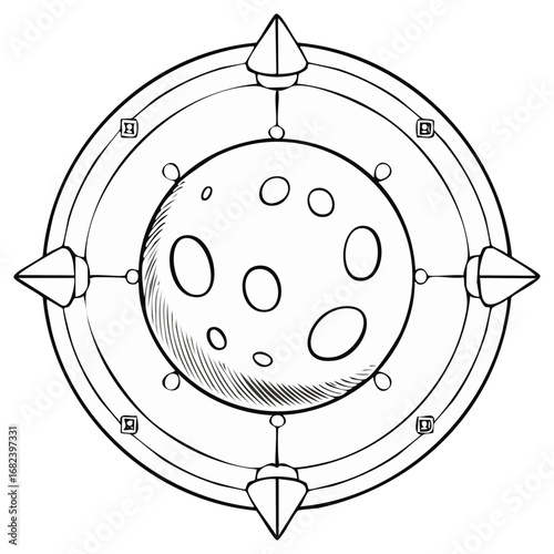 Mystical moon seal with compass points line art illustration