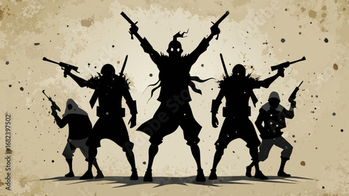 Silhouette of a fearsome squad armed with pistols and swords