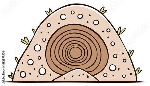 Cute cartoon burrow entrance with spiral tunnel and plants on a sandy mound