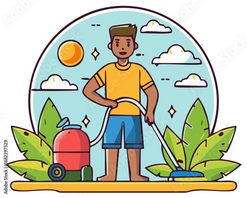 Person cleaning plants with a vacuum, with sun, clouds and sparkles in the background illustration