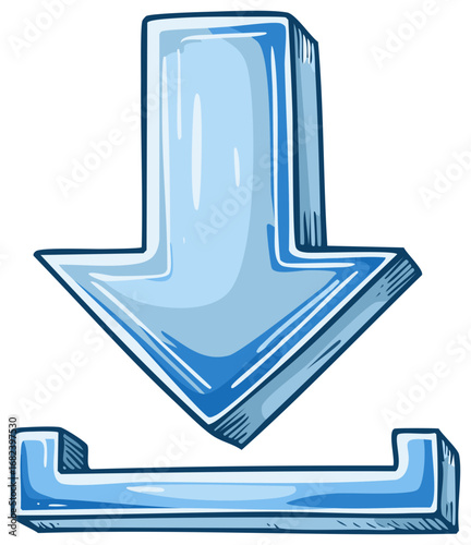 Cartoon download arrow and data storage symbol in blue, for file transfer concepts.