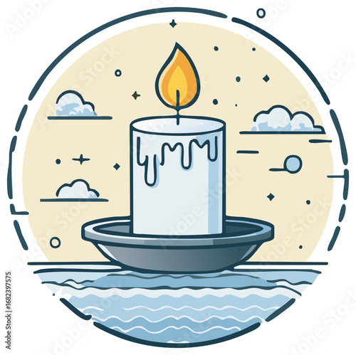 Candle Flame Meltdown Illustration on Tray with Water Clouds Stars and Dotted Circle