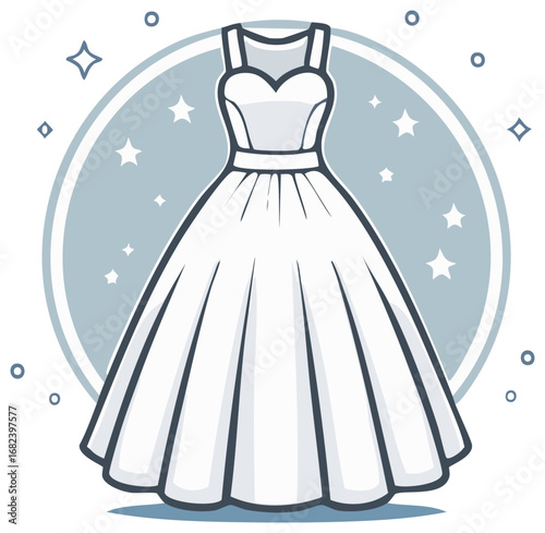 Elegant wedding dress illustration with stars in a soft blue decorative element. Design element.