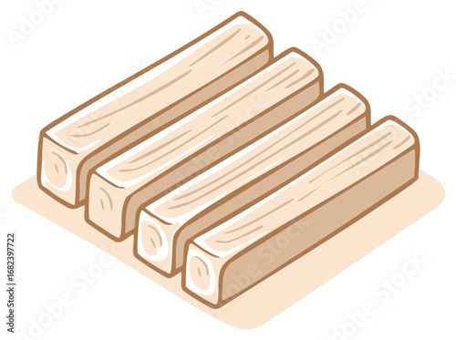 Four parallel wooden bars with a stylized artistic representation and a subtle shadow