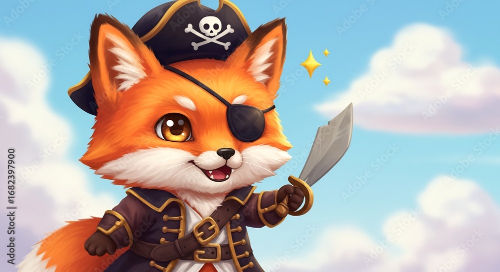 Obraz premium 陽光輝く空 海賊キツネ 可愛い笑顔 冒険始まる. AI Generated