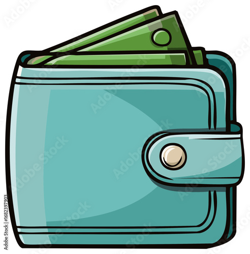 Turquoise Leather Wallet Filled with Cash Bills and Fastener