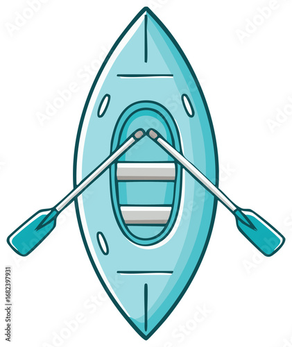 Light Blue Rowboat with Oars Illustration Top View Style