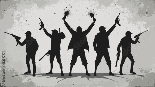 Silhouetted figures with guns celebrating victory