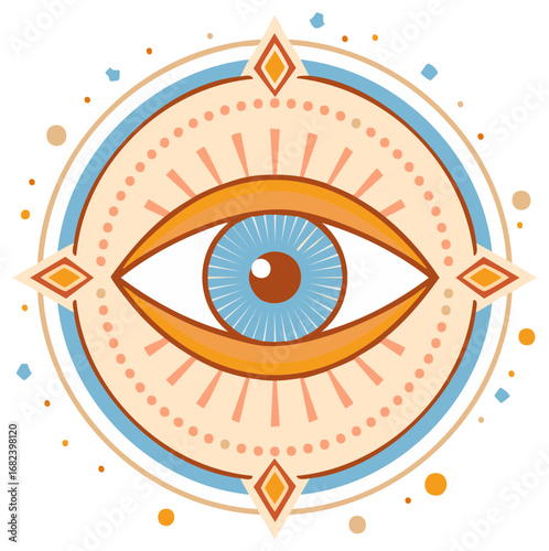 Stylized Eye Icon with Geometric Shapes in Circular Design Element for Spiritual and Mystical Concepts