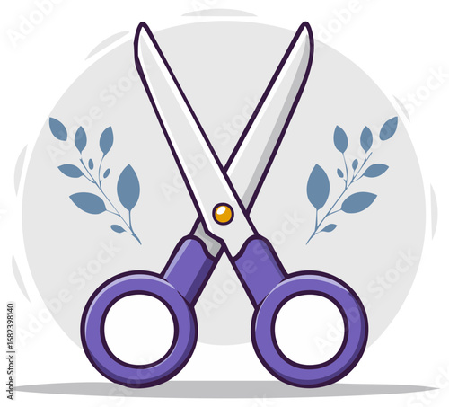Illustration of purple handled scissors with decorative blue leaves and circular background