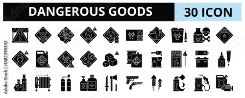 30 Dangerous Goods Glyph Icons Vector - Explosive, Radioactive material, Biohazard, Corrosive, gases, Gasoline, Dry Ice 