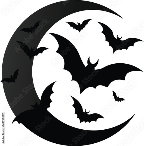 Flying bats forming crescent moon silhouette