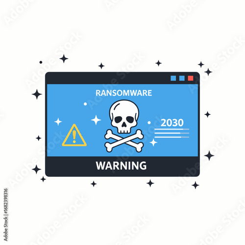 Ransomware warning screen with skull crossed  Minimal Flat Vector Illustration for cybersecurity, privacy, data protection, templates, and brandless design