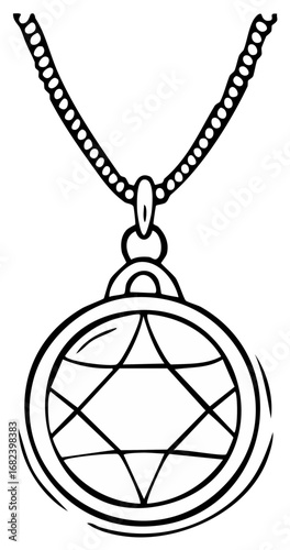 Outline pendant with Star of David on chain, spiritual symbol in black and white