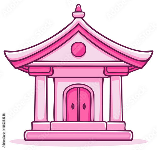 Cartoon illustration of a pink Japanese pagoda-style building with curved roof and doors.