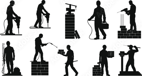 Construction worker silhouette, building site, labor job, industrial tools, architecture, heavy equipment, teamwork, contractor, black vector, urban construction illustration