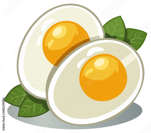 Sliced boiled eggs with green leaves, healthy food illustration.