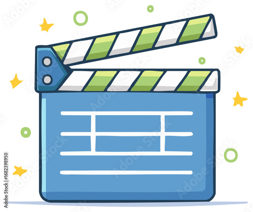 Blue Clapperboard Film Slate with Green and White Stripes Cartoon Drawing