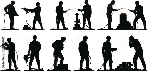 Construction worker silhouette, industrial labor, building site, teamwork, architecture tools, contractor, welding, drilling, heavy equipment, urban construction, black vector illustration