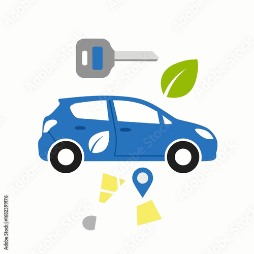 Rental car with key and map  Minimal Flat Vector Illustration for travel, vacation, tourism, templates, and brandless design