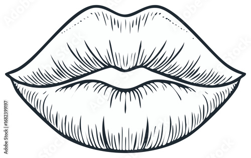 Engraved Black and White Lips with a Kiss Gesture Illustration