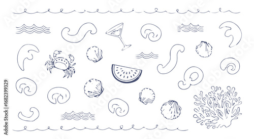 Beach and ocean life doodles waves seashell