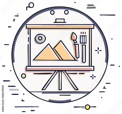 Illustration of an easel with a painting and art supplies inside a circular frame