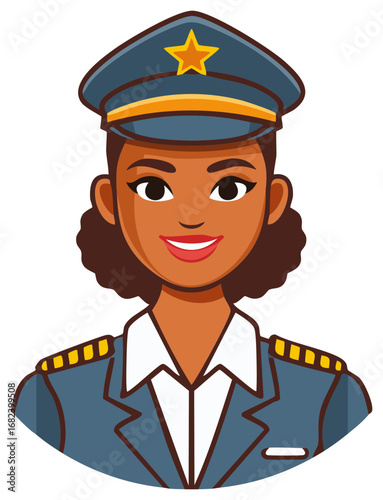 Smiling Female Pilot Cartoon Avatar Wearing Uniform with Star Hat Illustration