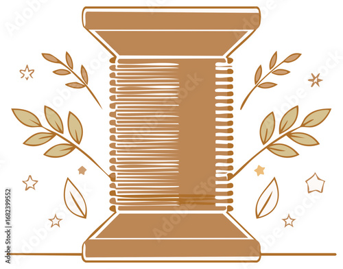 Brown thread spool with branches and stars decorative illustration