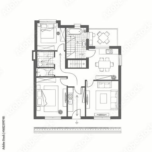 Floor plan blueprint with ruler  Minimal Flat Vector Illustration for real estate, home, construction, templates, and brandless design