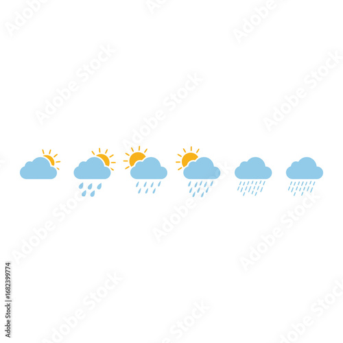 Vector art of weather icons showing sun and rain with varying intensity